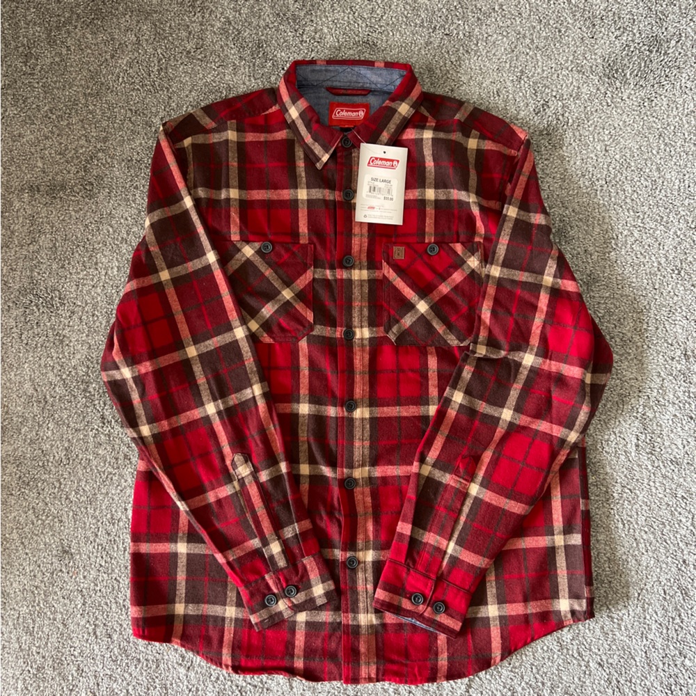 Coleman shirt mens large red brown plaid flannel button‎ down outdoors camping